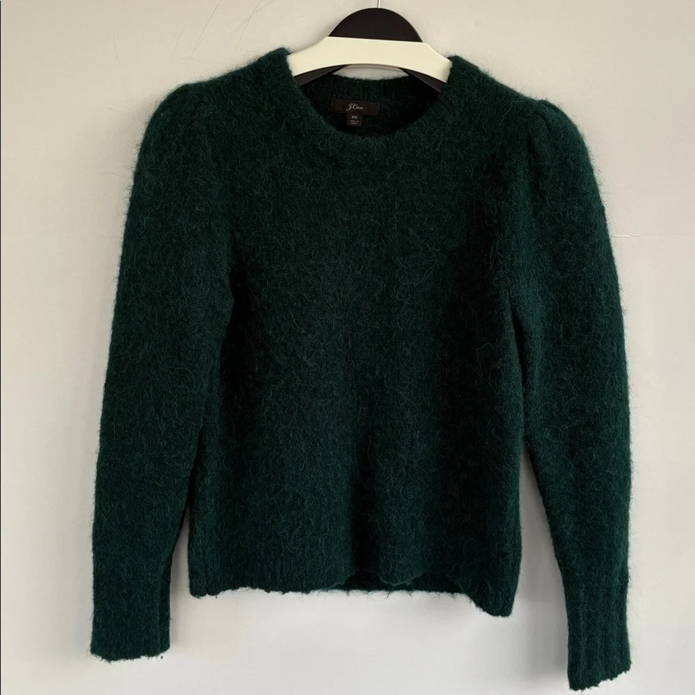 J. Crew Puff Sleeve Fuzzy Crewneck Sweater In Old Forest Alpaca Merino Blend XS